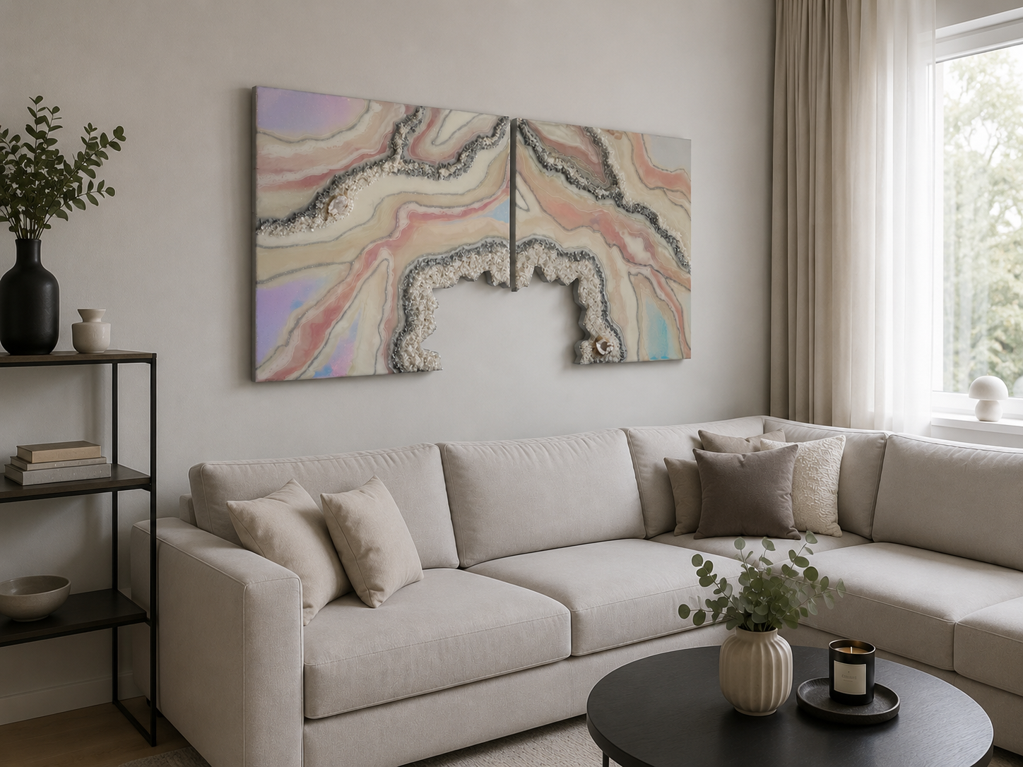 Obraz dyptyk ” różowy opal ” z geodą kwarcową 70x140cm