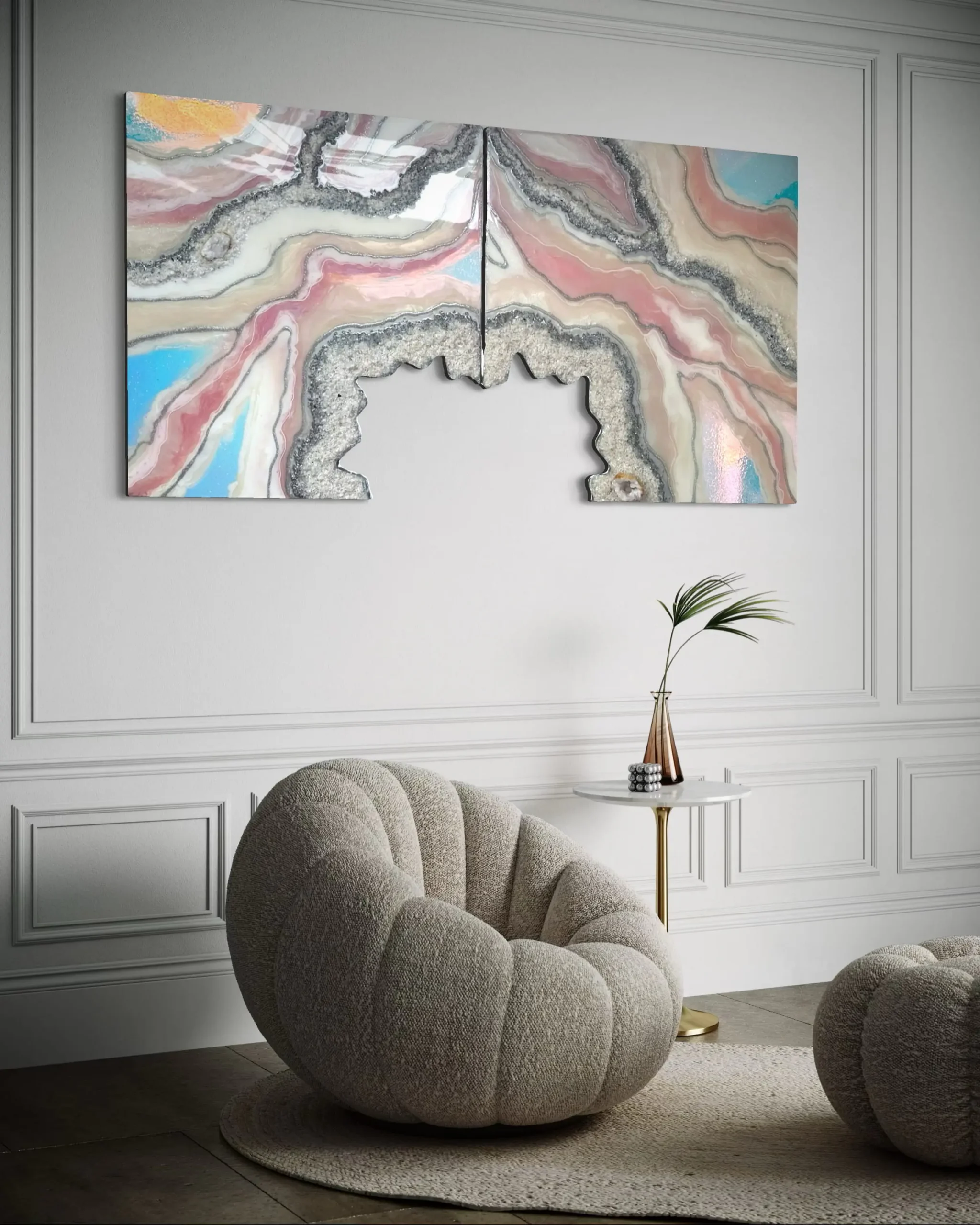 Obraz dyptyk ” różowy opal ” z geodą kwarcową 70x140cm