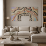 Obraz z żywicy epoksydowej z geodą kwarcową – pudrowy róż, biel i srebro geode – 70x140cm